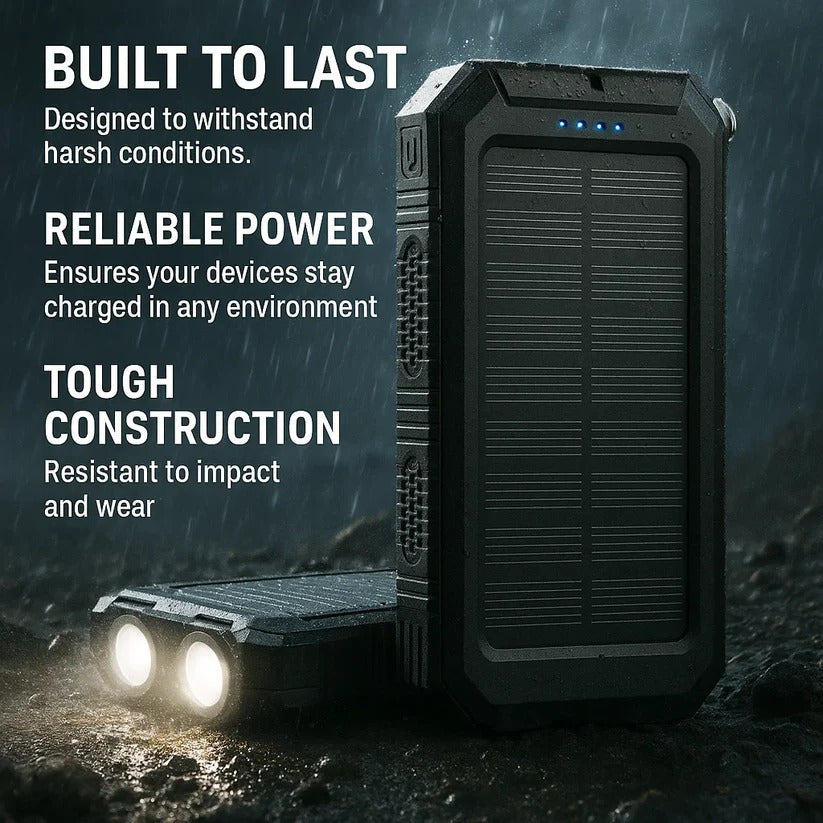"High-capacity waterproof dual USB solar charger with LED lights; 500,000mAh power bank; compact; for outdoor use."