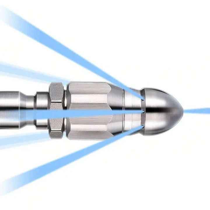 "High-pressure stainless steel sewer jetter nozzle, silver, with pointed tip for effective pipe cleaning and unclogging."