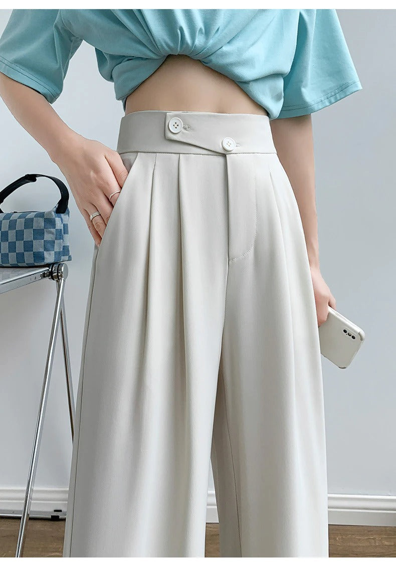 Women's high-waist wide leg pants featuring a flowing, comfortable silhouette, ideal for casual fashion.