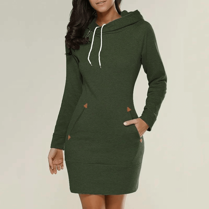 Cozy women's long sleeve hooded dress, sweatshirt style with practical side pockets.