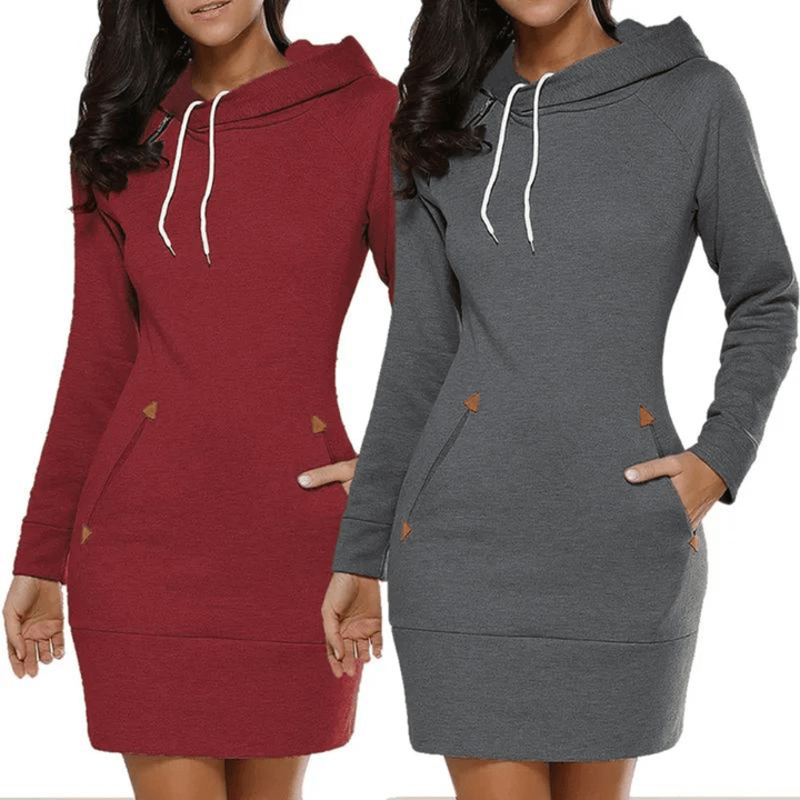 Side view: Women's comfortable long sleeve hooded sweatshirt dress with practical pockets.