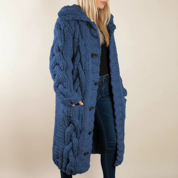 Women's long hooded cardigan, cozy winter layer. Soft knit, button-front, versatile for fall & cold weather.