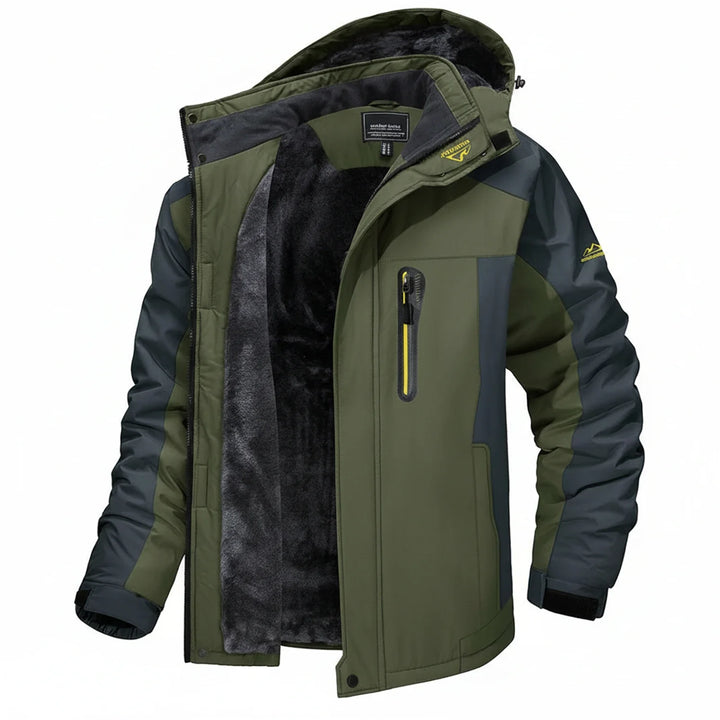 Men's weatherproof hooded winter jacket for outdoor adventures. Stylish, multi-pocket, and cold-weather ready.