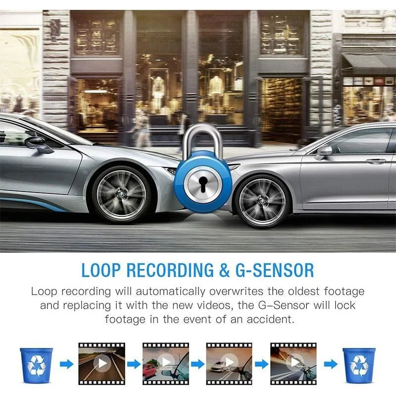 Compact Dual View Full HD dash cam with 4-inch LCD, G-sensor & loop recording for comprehensive car security.
