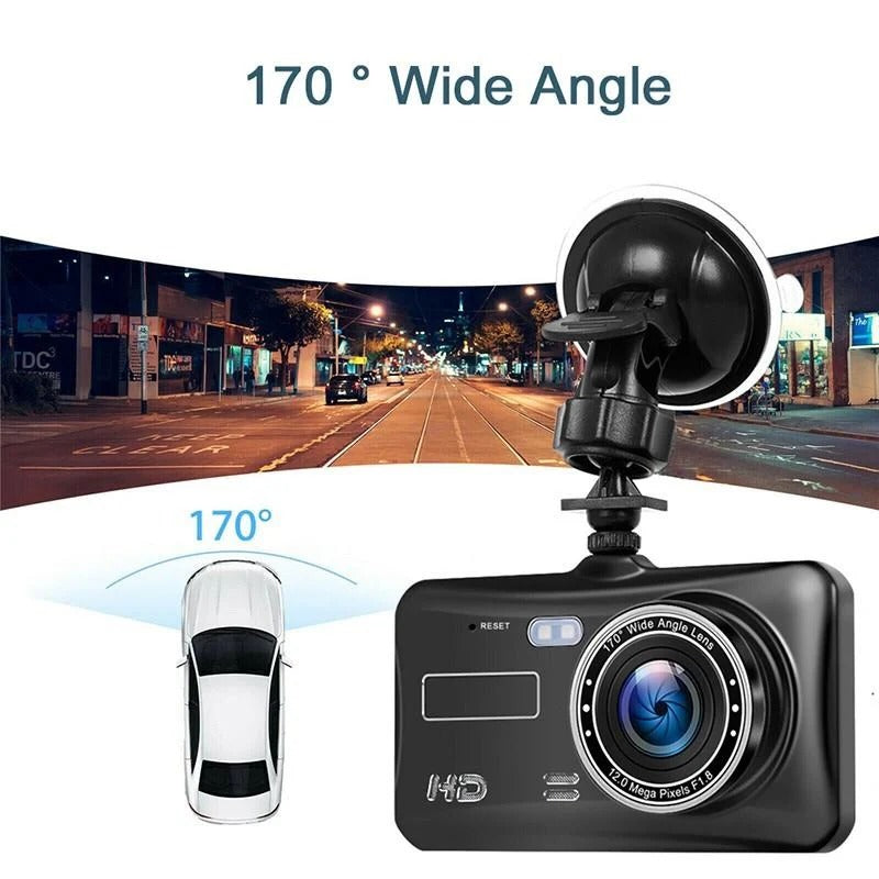 Full HD car dash cam with G-sensor & loop recording, capturing wide-angle dual views for vehicle security.