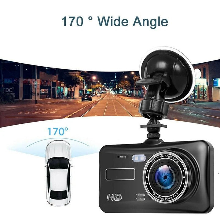 Full HD car dash cam with G-sensor & loop recording, capturing wide-angle dual views for vehicle security.