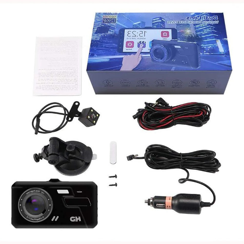 Clear 4-inch LCD displays live feed from Dual View Full HD car dash cam for secure driving.