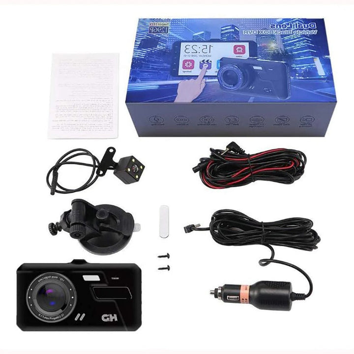 Clear 4-inch LCD displays live feed from Dual View Full HD car dash cam for secure driving.