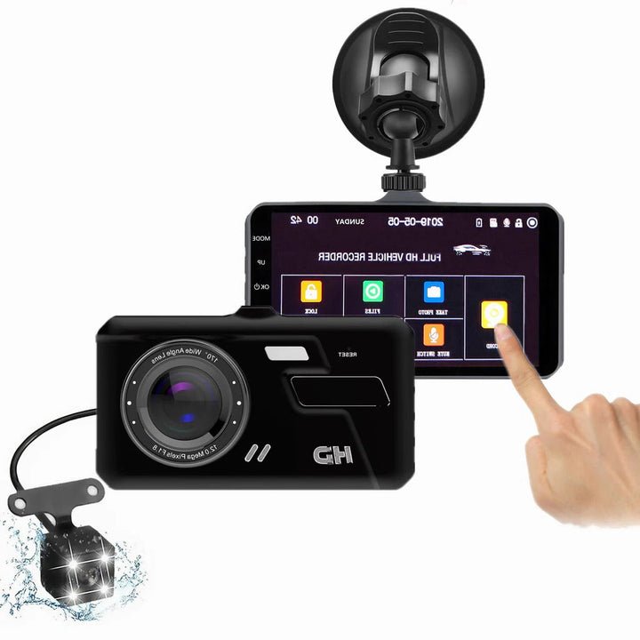 Dual View Full HD Car Dash Cam with 4-inch LCD, ideal for vehicle security & driving recording.