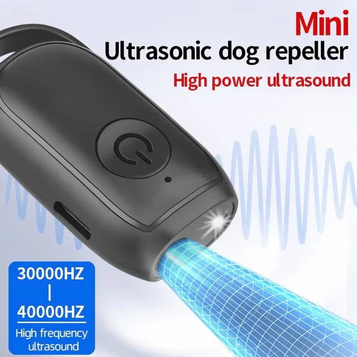 Handheld ultrasonic dog repeller for animal control & outdoor safety. Essential humane dog trainer device.