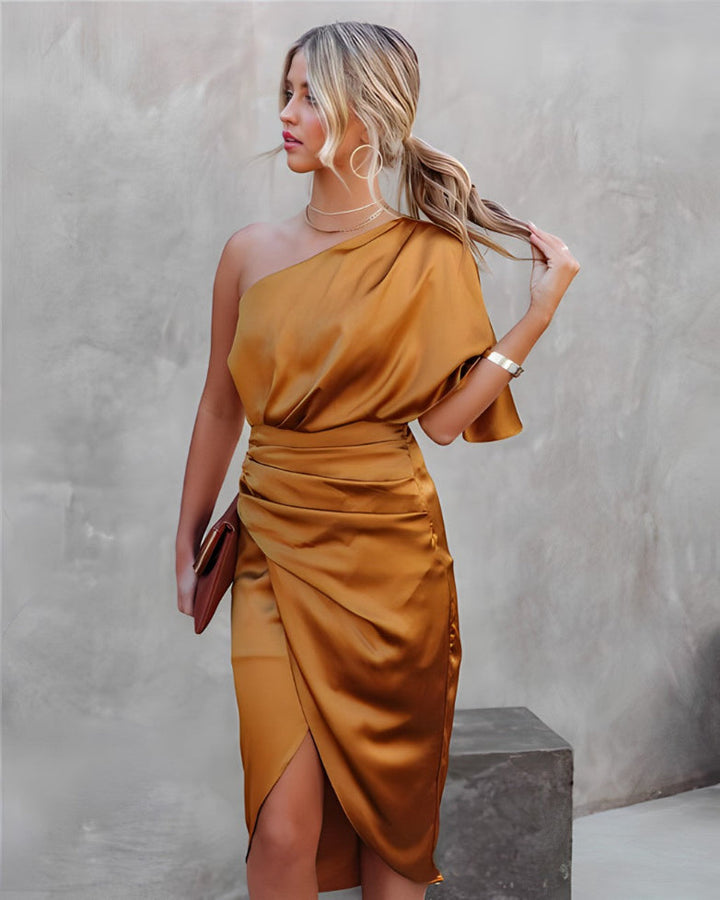 Graceful sleeveless off-shoulder asymmetrical midi dress for women, embodying modern elegance and style.