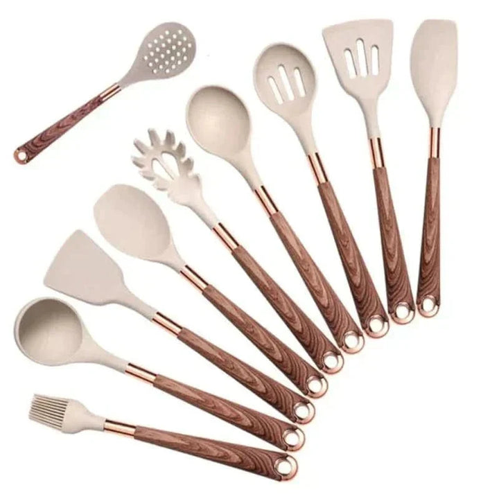 High-quality 10-piece silicone kitchen tools with sturdy wood handles. A complete heat-resistant utensil set for chefs.