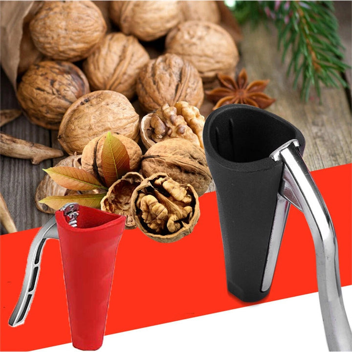 Modern kitchen tool: stainless steel nutcracker with ergonomic, non-slip handles for safe and efficient food prep.