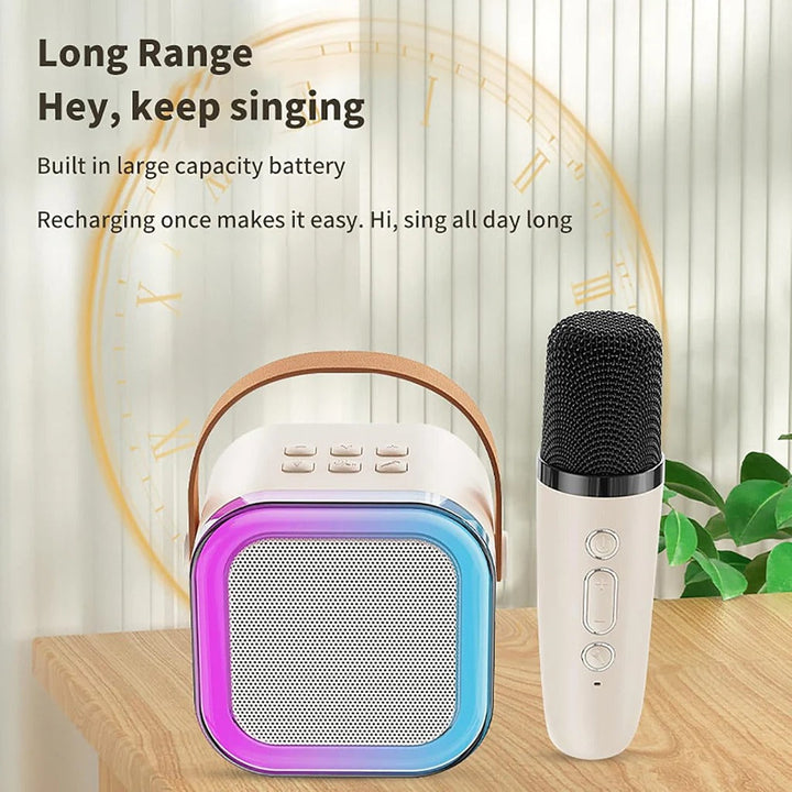 Gift-ready unisex portable karaoke speaker with wireless mics, providing hours of singing fun.