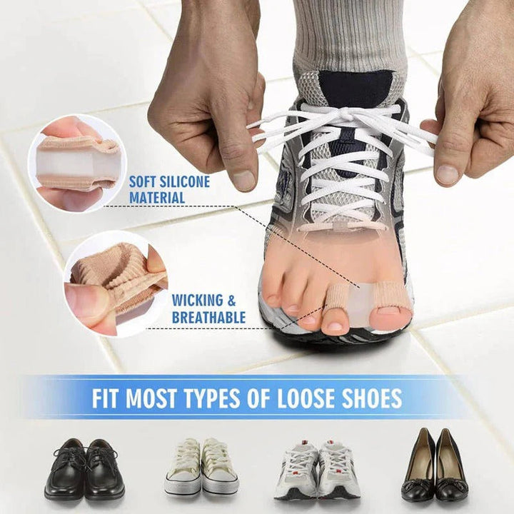 Reusable gel toe separator sleeves for long-lasting in-shoe comfort, bunion and overlapping toe relief.