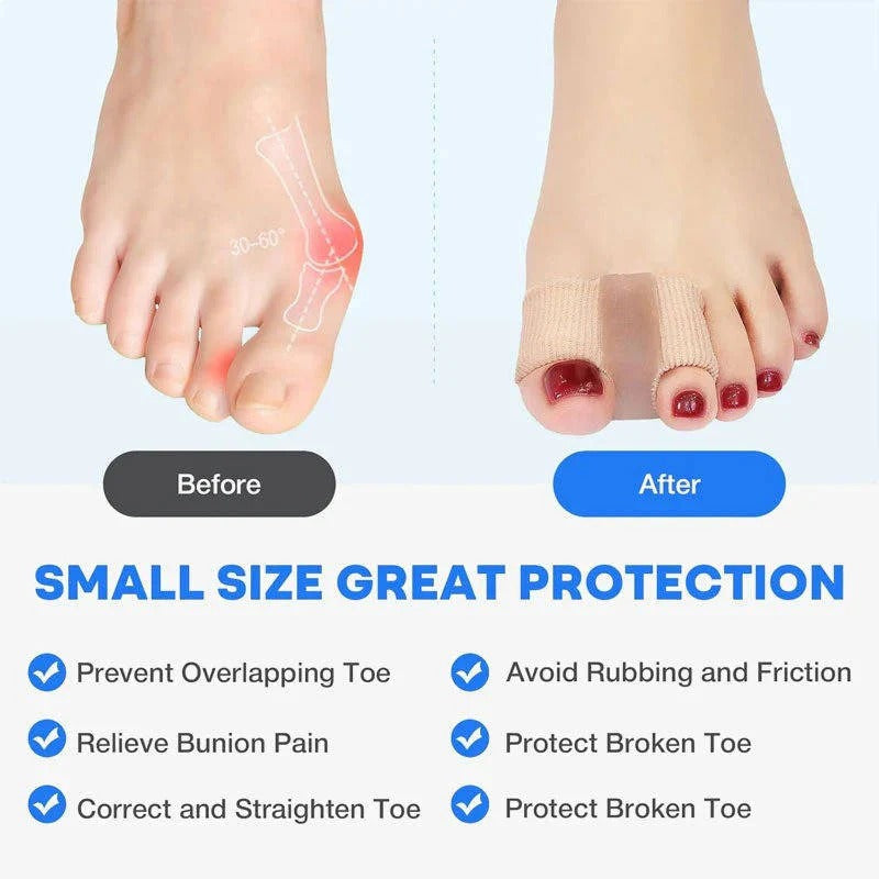 Transparent gel toe sleeves for discreet in-shoe foot comfort, bunion correction, and overlapping toe support.