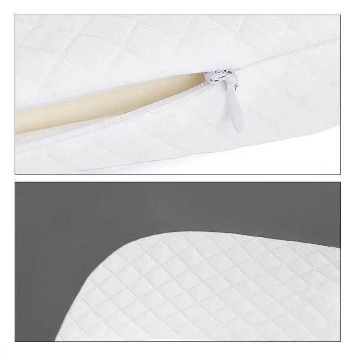 Back sleeper memory foam pillow with ergonomic neck contour & cooling cover for optimal sleep support.