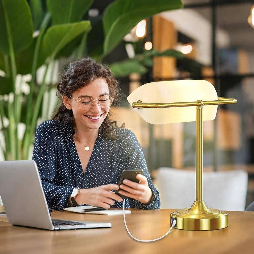 Brass retro desk lamp, featuring USB and Type C charging ports. Versatile LED lamp for office, study, or bedside use.