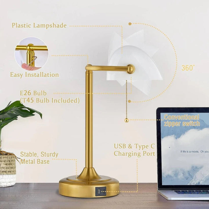Charging retro desk lamp with USB & Type C ports. Versatile LED task light for reading, office work, study, or bedside.