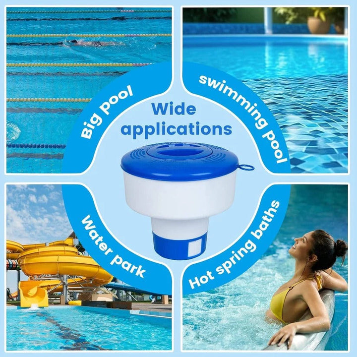 Adjustable pool chemical floater for effective chlorine/bromine distribution in pools, spas, and hot tubs.