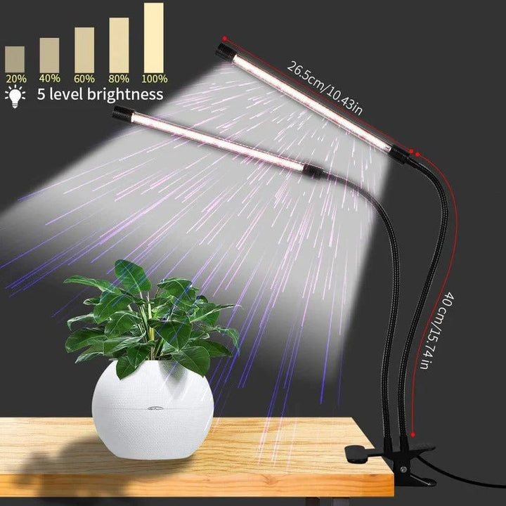 Powerful LED plant grow light with dual flexible goosenecks & clip base, ideal for various indoor plants.