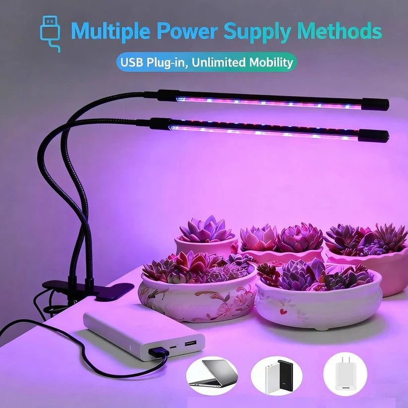 Clip-on grow lamp with timer & dual goosenecks, providing full spectrum light for all your indoor plant care needs.