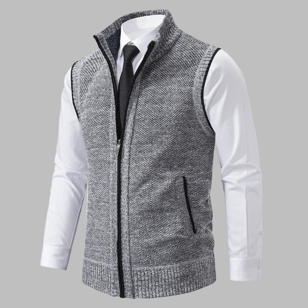 Knitted zip-up men's vest, a versatile layering piece for fall and winter smart casual outfits.