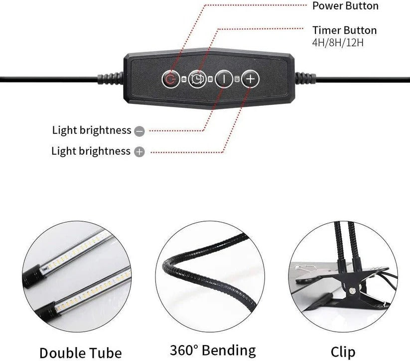 Adjustable dual gooseneck LED plant light with clip and timer, perfect for targeted illumination of multiple indoor plants.
