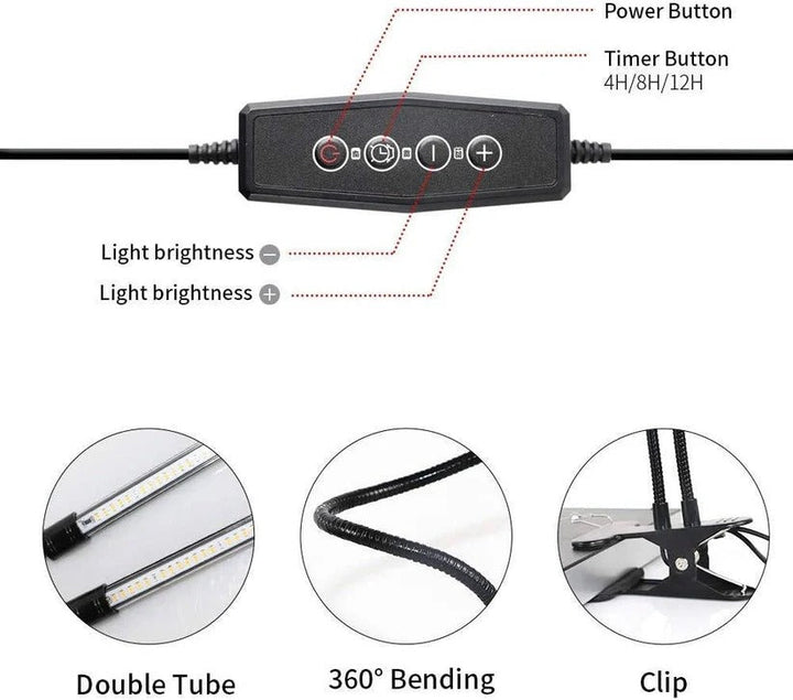 Adjustable dual gooseneck LED plant light with clip and timer, perfect for targeted illumination of multiple indoor plants.