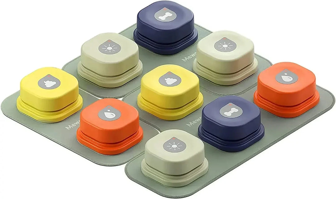 Set of multiple dog communication speech buttons arranged for pet training, an interactive toy for canine speech.