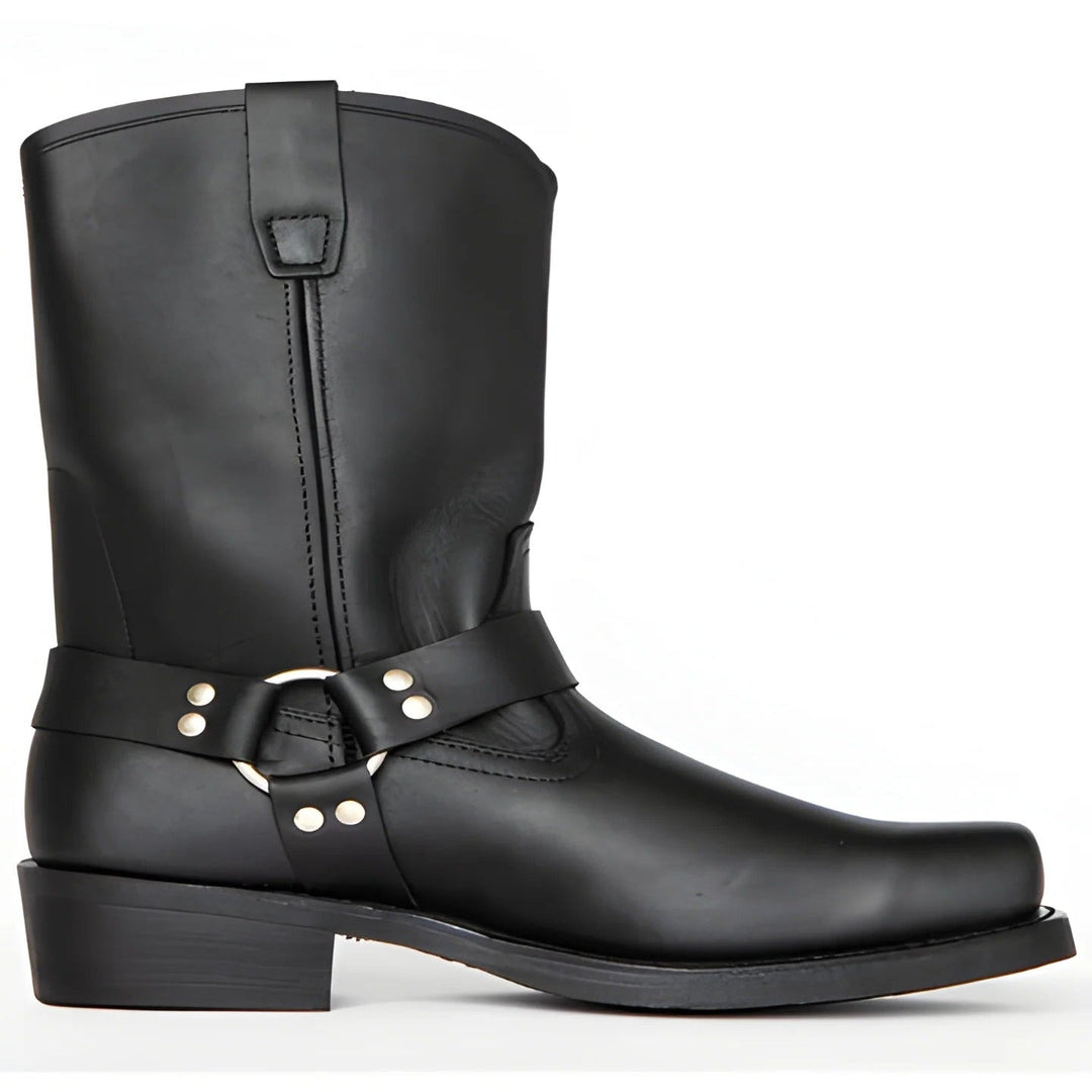 Men's black harness boots with 11-inch shaft & non-slip sole. Durable motorcycle & work boots for rugged wear.