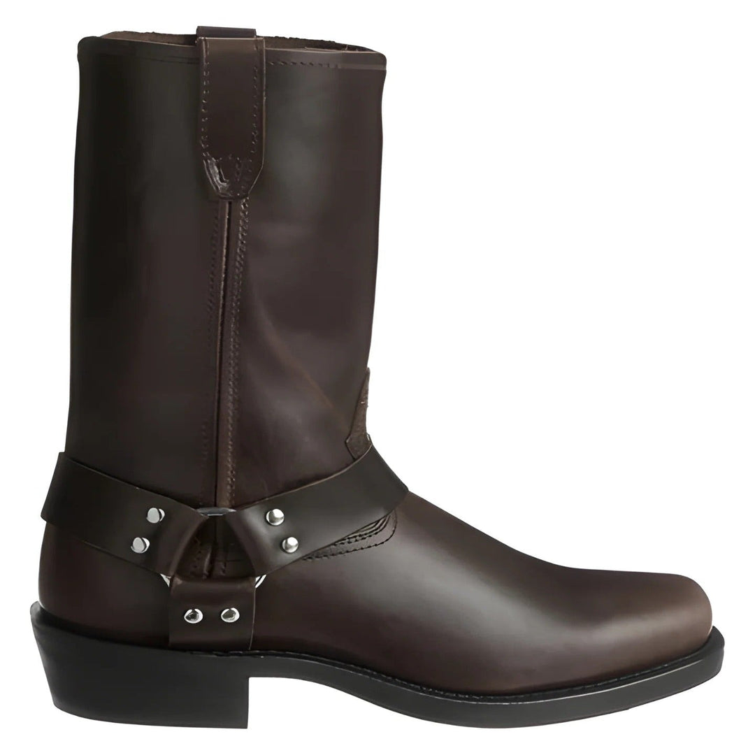 Rugged men's dark brown harness riding boots. Tall 11-inch shaft, non-slip sole for motorcycles & all-weather.