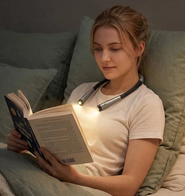 Hands-free rechargeable neck light with flexible arms. Adjustable LED book light, great for reading in bed.
