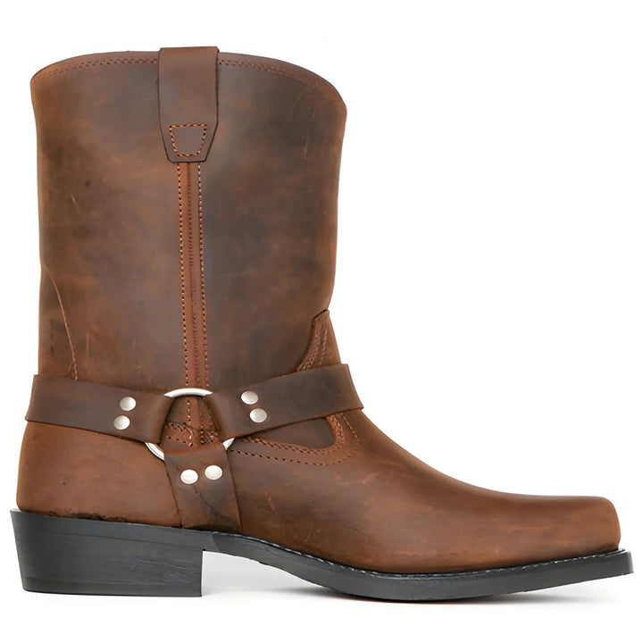 Durable men's light brown harness boots. 11-inch shaft, non-slip sole, ideal for work, riding & all-weather use.