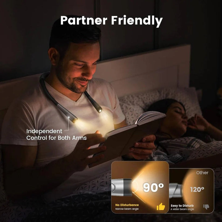 Bright LED neck light with flexible arms, 3 color modes for reading. Rechargeable, portable & comfortable task light.