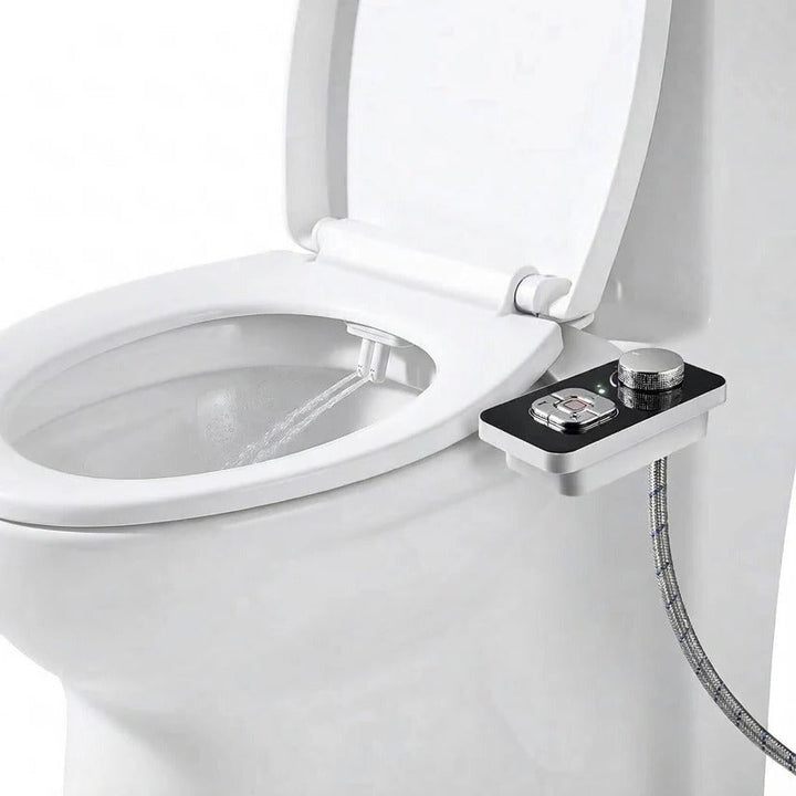 Unisex cold water bidet toilet seat attachment, non-electric, with self-cleaning dual nozzles for enhanced hygiene.