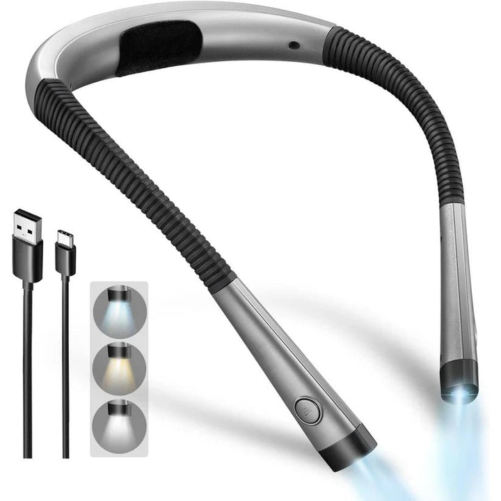 Rechargeable neck reading light with flexible arms, 3 color modes. Perfect hands-free LED book light.