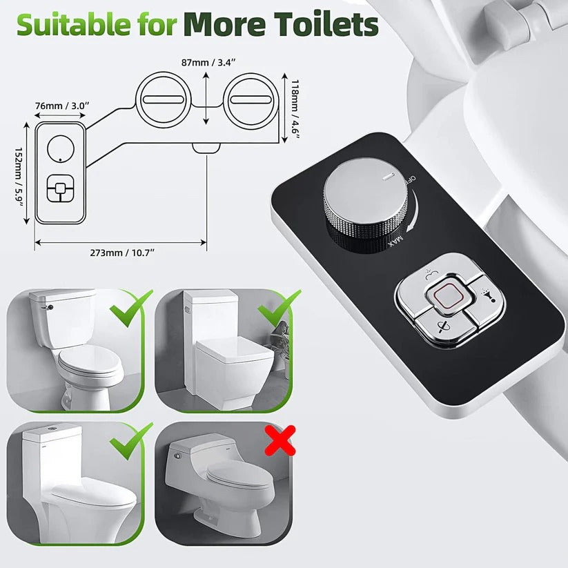 Easy-install non-electric cold water bidet attachment, a simple toilet upgrade for superior personal hygiene.