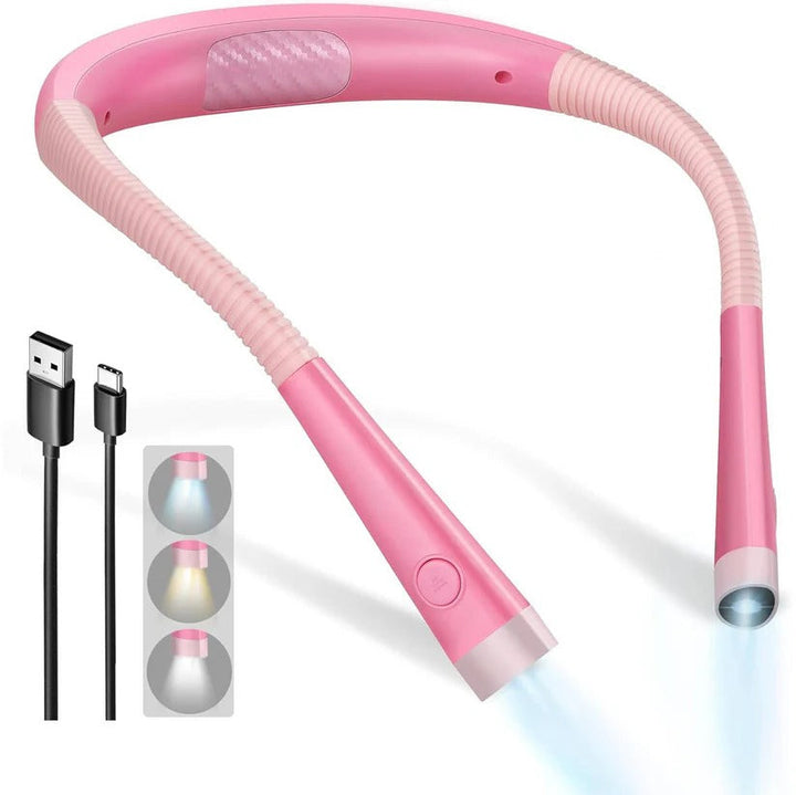 Flexible LED neck light for hands-free reading. Adjustable brightness, 3 color temps for books & crafts.