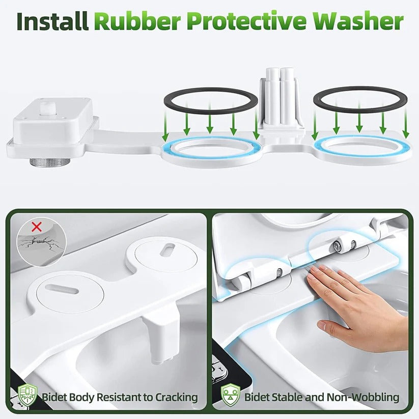 Full view of the unisex cold water bidet attachment installed on a toilet, showcasing its sleek design.