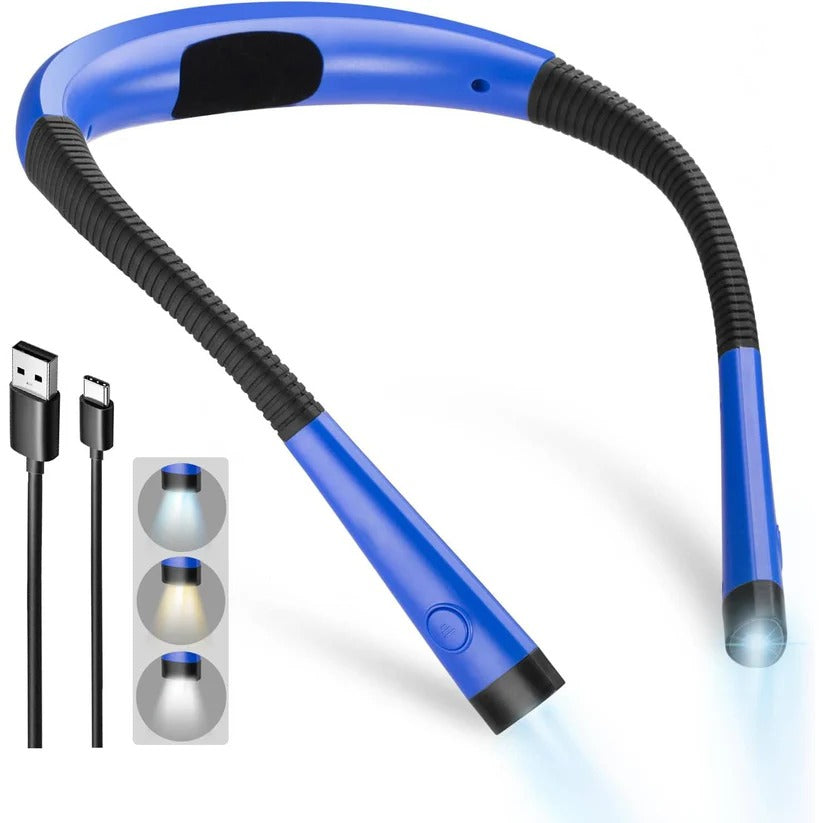 Portable rechargeable neck light with bendable arms. Ideal hands-free task light for reading, knitting & camping.