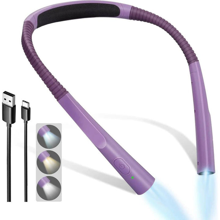Hands-free LED neck light with flexible arms, 3 light modes. Great for crafting, knitting, and detailed tasks.