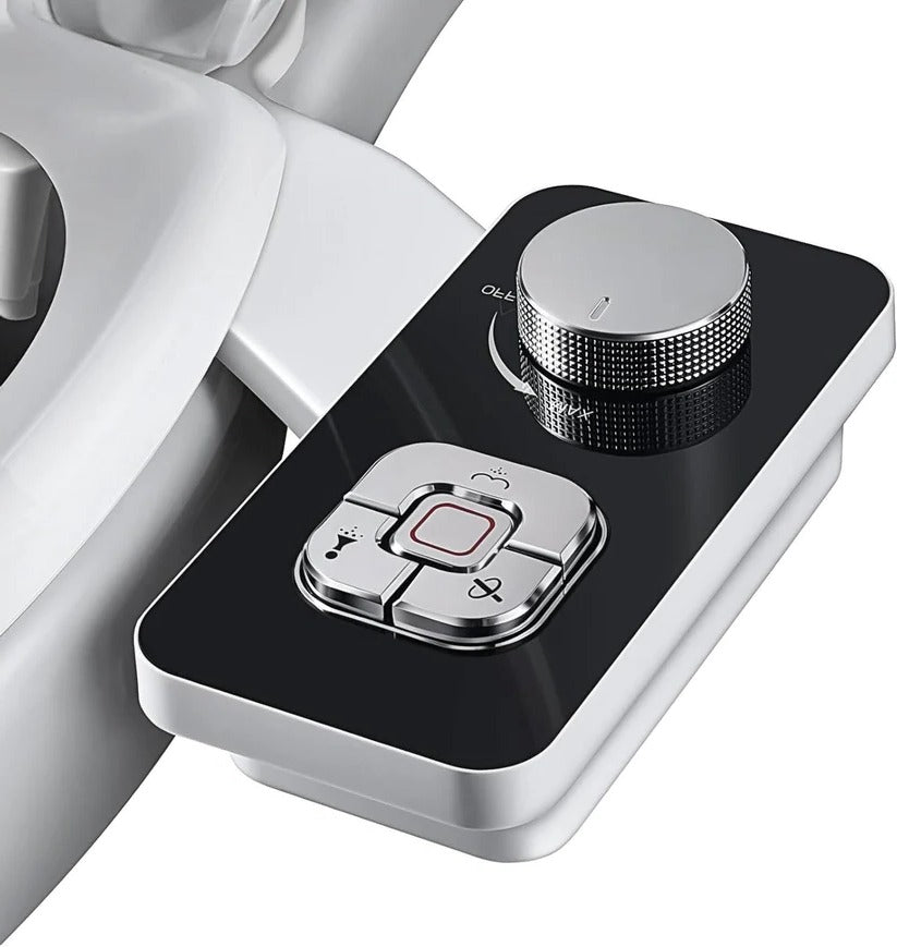 Close-up of the cold water bidet's dual nozzles and control panel, highlighting self-cleaning feature.