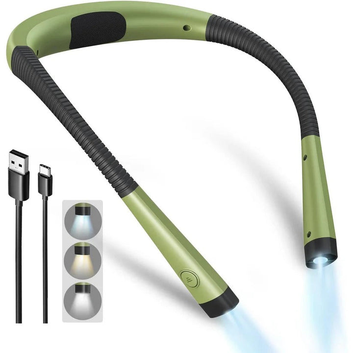 Ergonomic rechargeable neck reading light with flexible arms. Soft light, 3 modes for comfortable bedtime reading.