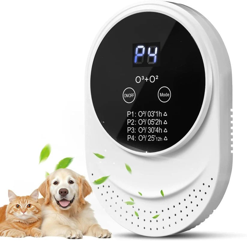 Smart indoor odor eliminator with programmable cycles for pet and household freshness.