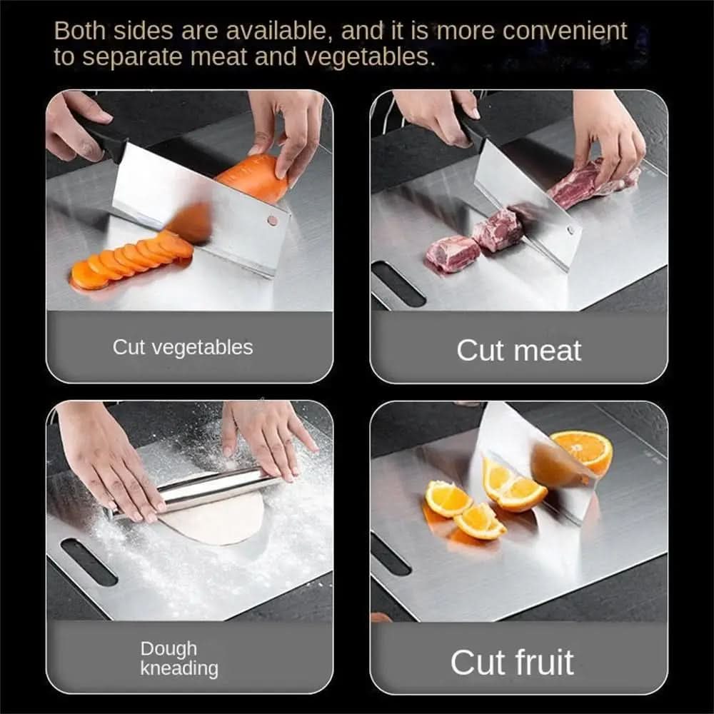 Heavy-duty stainless steel cutting board, perfect kitchen tool for food prep. Scratch-resistant and easy to clean for durability.
