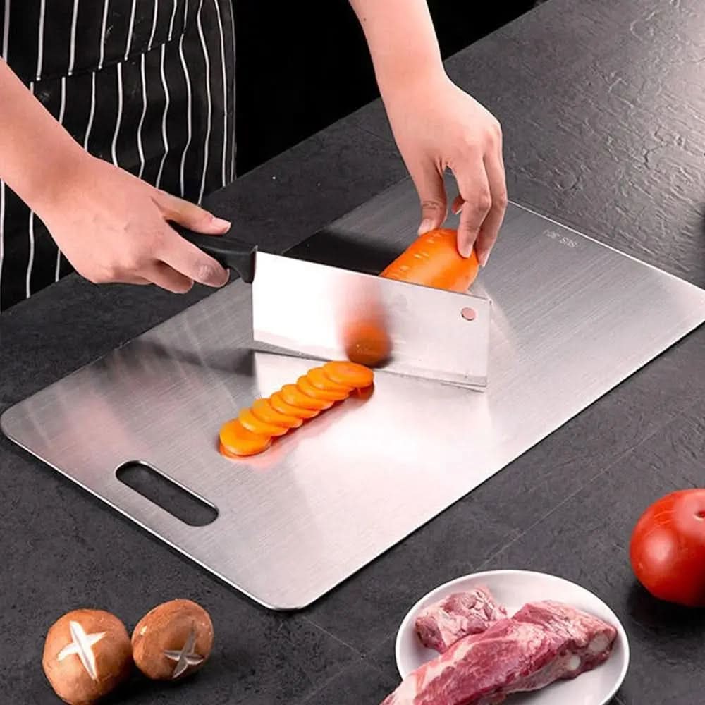 Durable stainless steel kitchen cutting board for hygienic food prep. Scratch resistant, easy to clean, essential for modern kitchens.