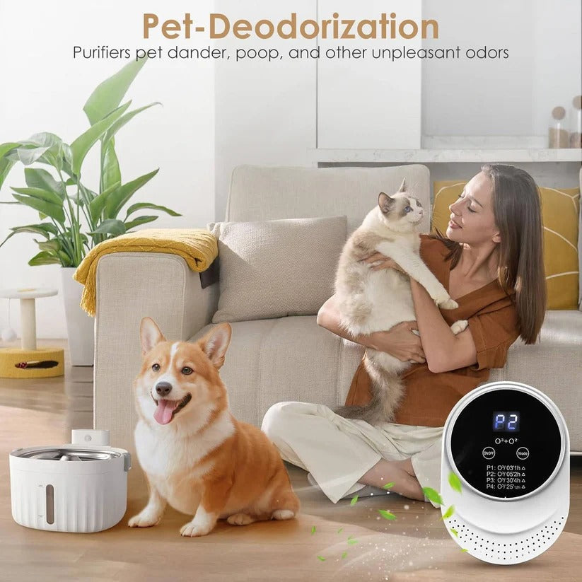 Smart plug-in odor control device, automatic for pet odors and general household air purification.