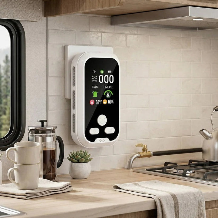 Rechargeable CO, gas & smoke detector with LCD for home/RV safety, alerts to carbon monoxide & flammable gas.