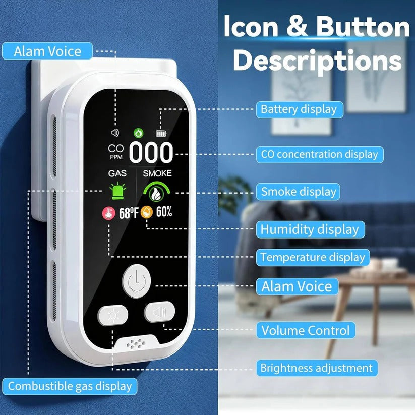 Multi-function rechargeable CO, gas, and smoke alarm. Essential home & RV safety detector with clear LCD display.